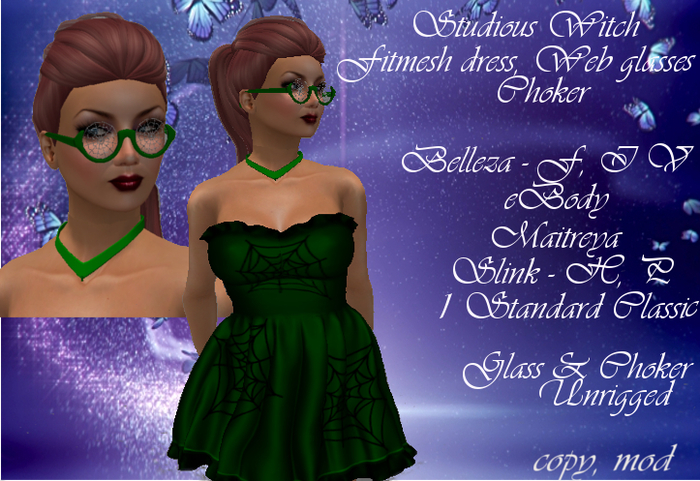 Studious Witch Fitmesh Dress with Web Glasses and Choker