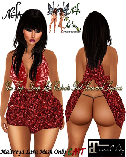 NEFA 134 Gia Red Top Deep Side Cutouts Lace & Sequins - Maitreya