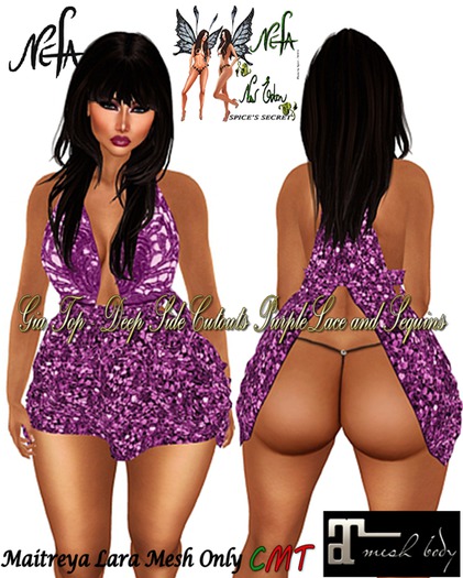 NEFA 134 Gia Purple Top Deep Side Cutouts Lace & Sequins - Maitreya