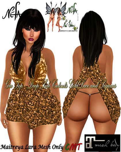 NEFA 134 Gia Gold Top DeepSide Cutouts Lace/Sequins Maitreya