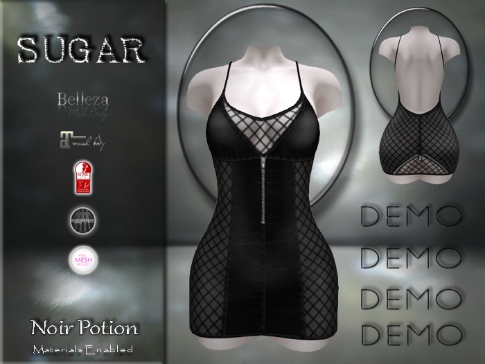 :-:SUGAR:-: Noir Potion Slip Dress {BLACK FISHNET LACE} DEMO