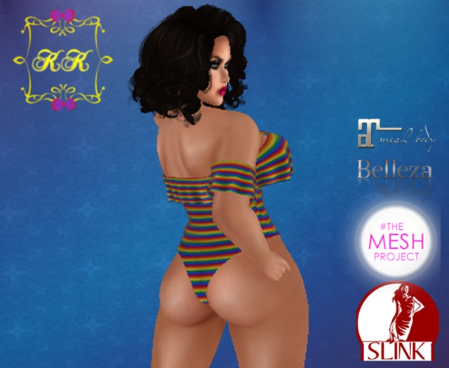 ! KK ! Ruffled Bodysuit Fitmesh -Rainbow