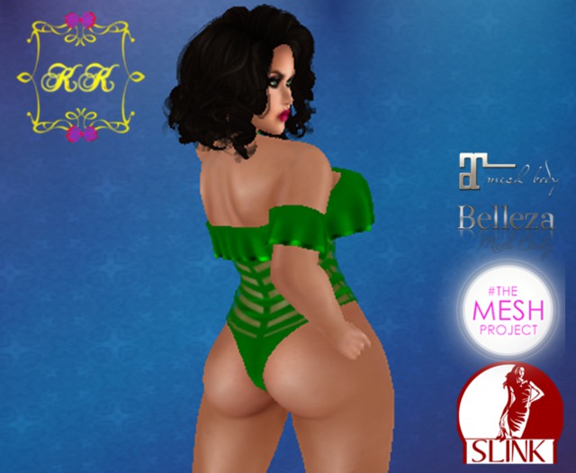 ! KK ! Ruffled Bodysuit Fitmesh -Green Stripes Add/Rez