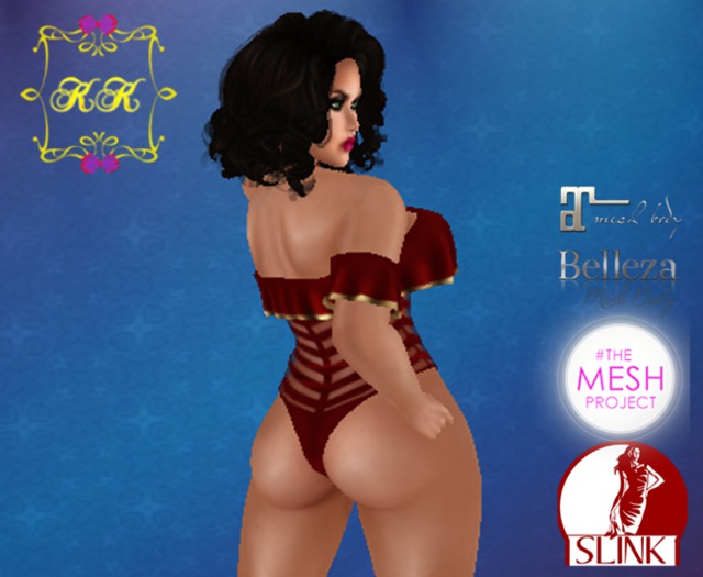 ! KK ! Ruffled Bodysuit Fitmesh -Gold & Red Stripes Add/Rez