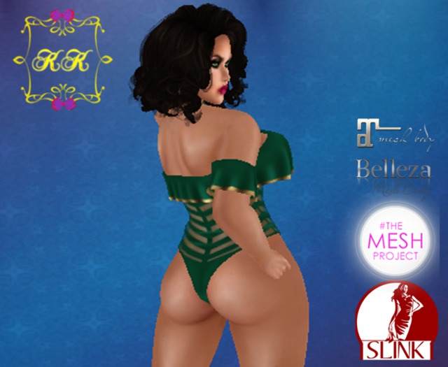 ! KK ! Ruffled Bodysuit Fitmesh -Gold & Green Stripes Add/Rez