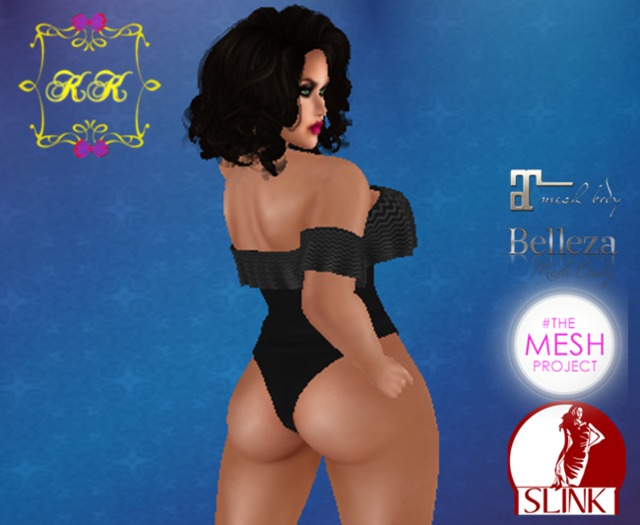 ! KK ! Ruffled Bodysuit Fitmesh -Black 