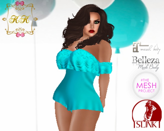 ! KK ! Ruffled Bare Shoulder Romper -Aqua Lace  