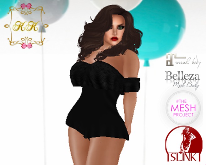 ! KK ! Ruffled Bare Shoulder Romper -Black Lace Add/Rez