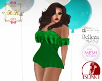 ! KK ! Ruffled Bare Shoulder Romper -Green Lace Add/Rez