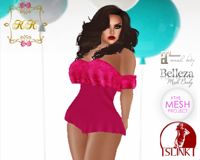 ! KK ! Ruffled Bare Shoulder Romper -Magenta Lace Add/Rez