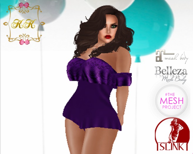 ! KK ! Ruffled Bare Shoulder Romper -Purple Lace Add/Rez