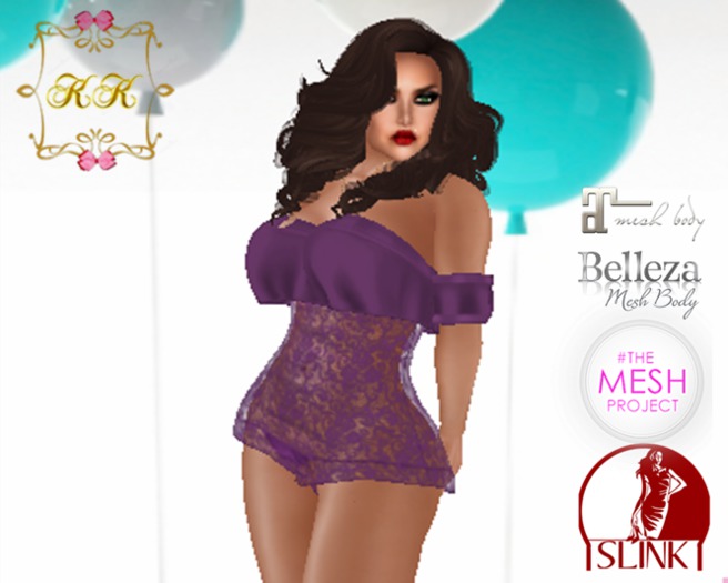 ! KK ! Ruffled Bare Shoulder Romper -Purple Sheer Add/Rez
