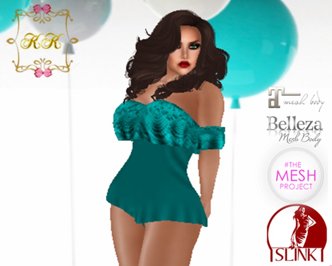! KK ! Ruffled Bare Shoulder Romper -Teal Lace Add/Rez