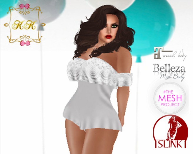 ! KK ! Ruffled Bare Shoulder Romper -White Lace Add/Rez