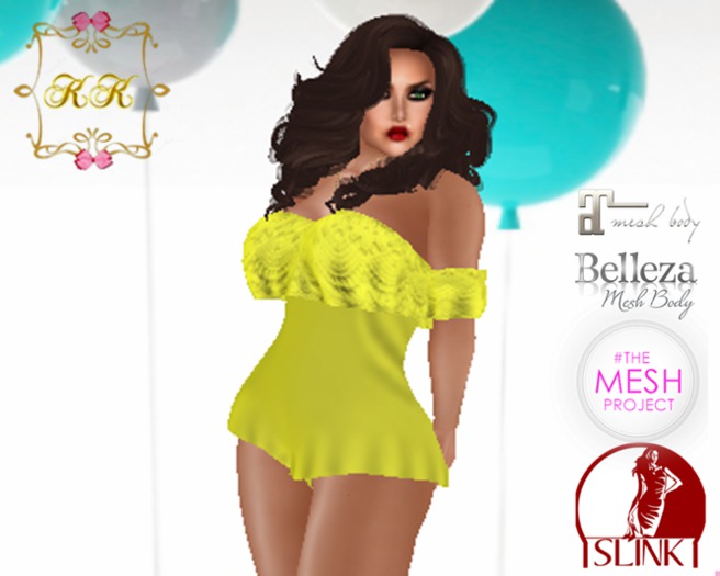 ! KK ! Ruffled Bare Shoulder Romper -Yellow Lace Add/Rez