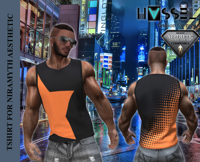 (HASSEL) MEN'S SLEEVELESS SHIRT AESTHETIC STAR 8 BLACK ORANGE