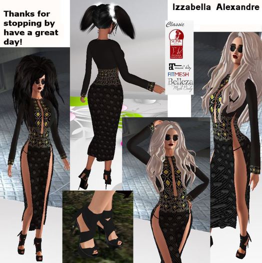 A. Izza Yellow Black Bling Long Slit Dress 1