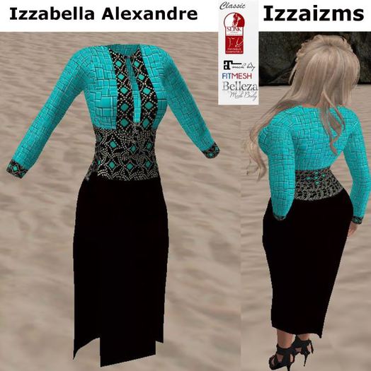 A. Izza Aqua Black Long Slit Dress