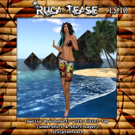 Womens Low rise Board Shorts with Bikini Tops - 3 Sets in one with sculpted lace by Ruca Tease -- \(