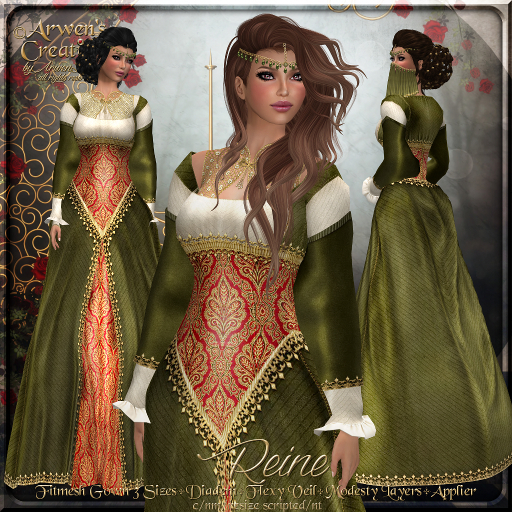 Second Life Marketplace - {AS} Reine Fitmesh Tudor Gown: Olive Green Velvet  Brocade; 16th century England, Renaissance, Medieval, Queen, Omega