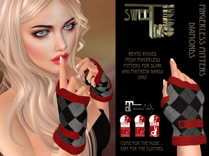 Sweet Tea Fingerless Mittens Diamonds bento mesh gloves for Maitreya and slink