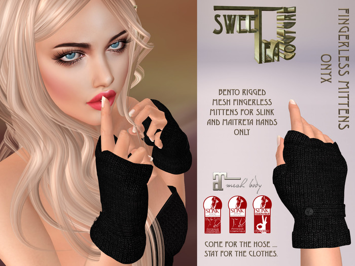 Sweet Tea Fingerless Mittens Onyx bento mesh gloves for Maitreya and slink