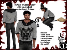 Scary outfit grey with skull black on hoodie top , wizard , mesh rigged flying broom , hat