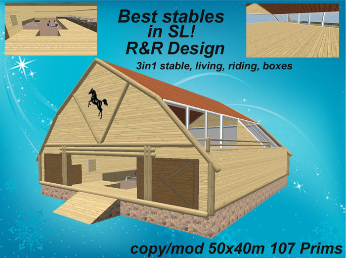 Best Stables in SL!! 3in1 Stable for living with furniture, indoor riding arena, boxes, with lo