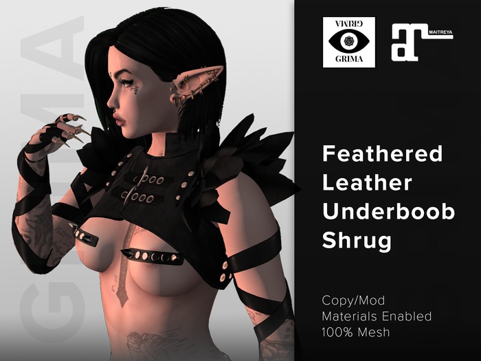 GRIMA: Feathered Leather Underboob Shrug V1