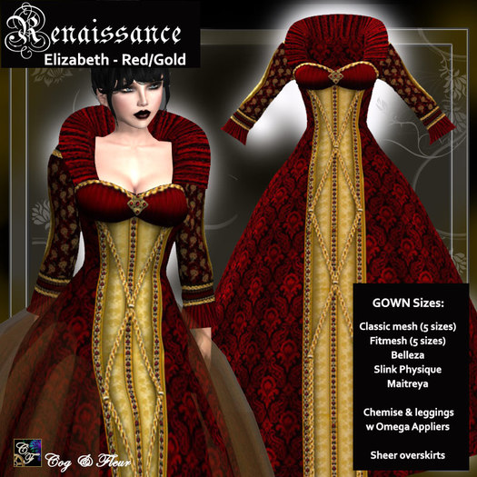 C&F Elizabeth Renaissance Gown w Mesh Body Sizes - Red/Gold