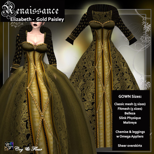 C&F Elizabeth Renaissance Gown w Mesh Body Sizes - Gold Paisley