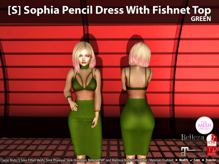[S] Sophia Pencil Dress With Fishnet Top Green