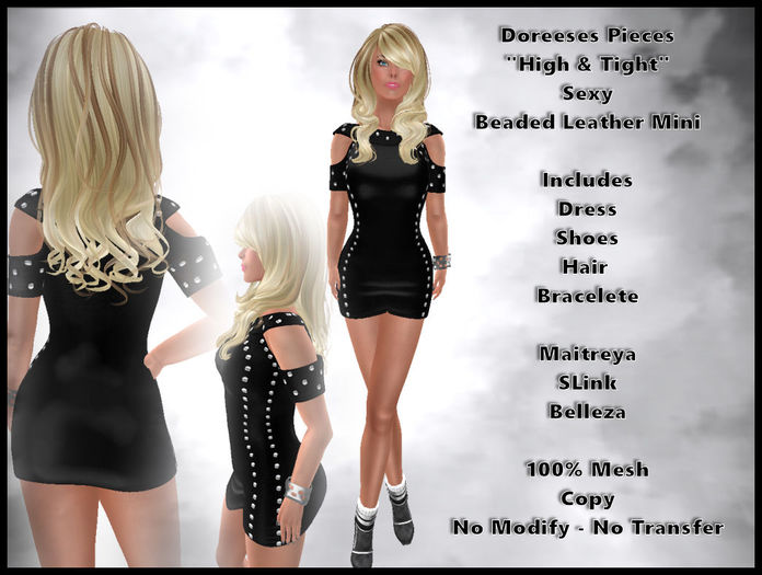 BEADED BLACK LEATHER CLUB OR PARTY MINI DRESS