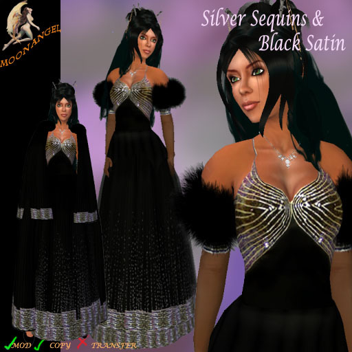 MA* Silver Sequins & Black Satin Formal Gown & Cloak 