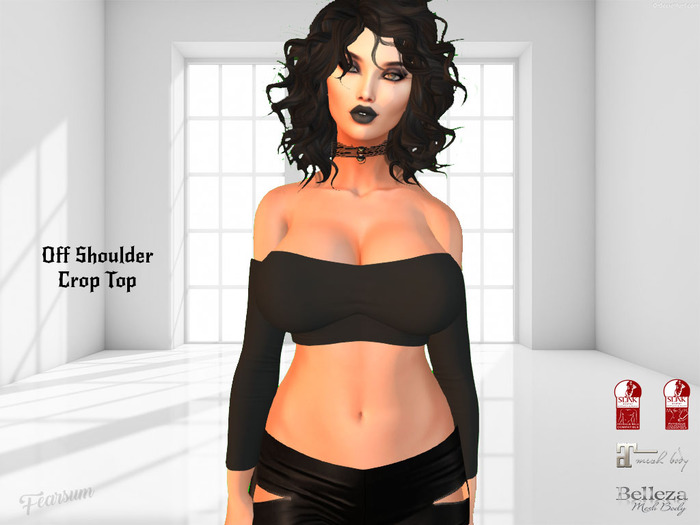 [F] CropTop Off Shoulder Black - Fitted Mesh