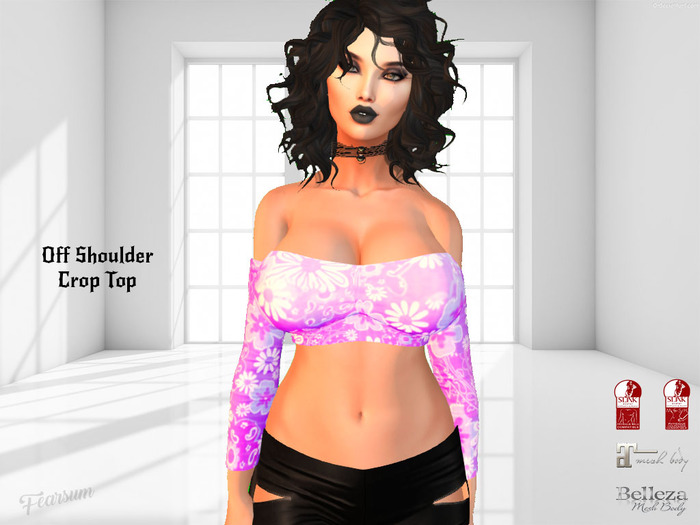 [F] CropTop Off Shoulder Floral - Fitted Mesh