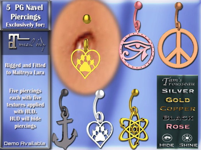 Second Life Marketplace Maitreya Navel Piercings 5 piece Set PG DEMO