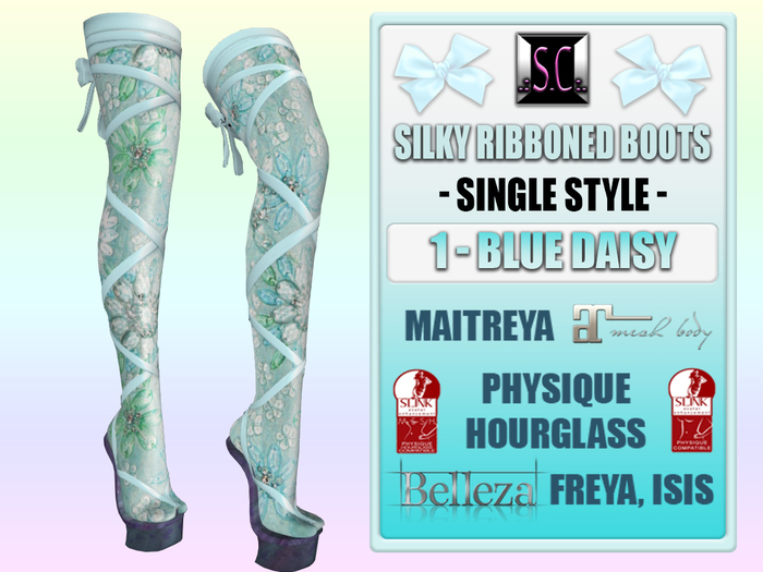 .:S.C:. Ribbon Boots - 1 - Blue Daisy