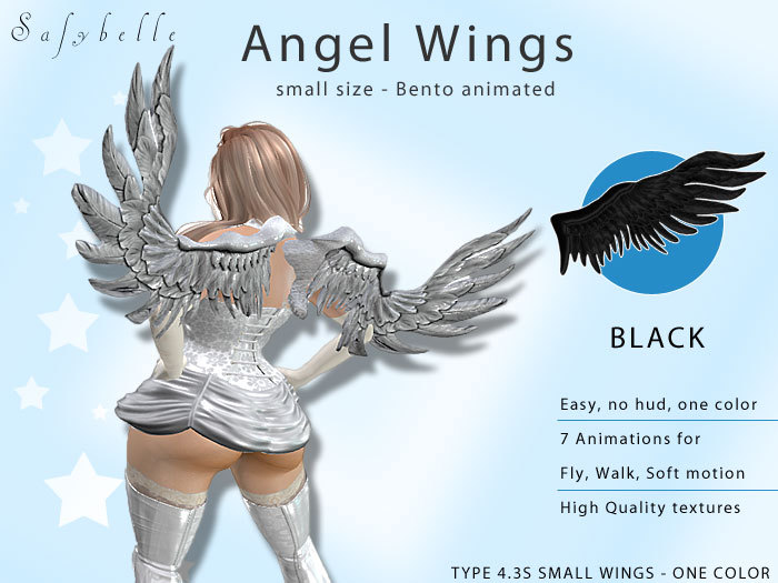 Angel Wings 4.3 small - BLACK - Bento 7 Animations, Walk and Fly animation