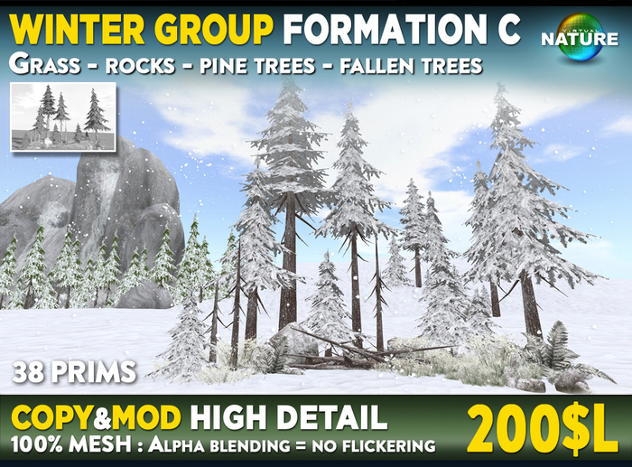Winter forest formation C - 38 prims MOD COPY Spruce fir - forest pine trees with rocks, grass, fallen trees, ferns