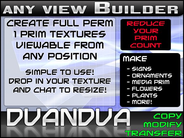 Dvandva avBuilder 2.6 - 1 prim full perm AnyView objects, signs, plants, etc!