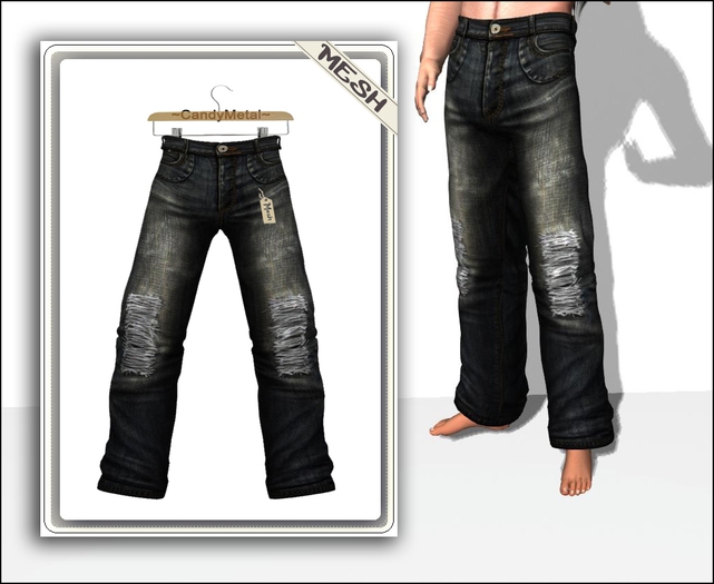 ~CandyMetal~ Men Jeans Mesh Ripped Dark