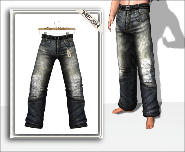 ~CandyMetal~ Men Jeans Mesh With Blet Ripped Light