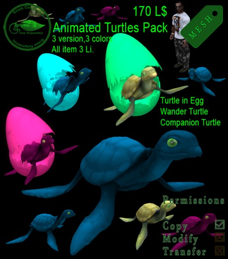 Animated Mesh Turtle Pack(9turtle) 3 Colors, (Wander,Companion)