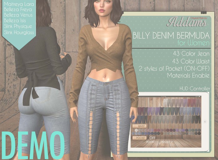 Addams "Billy" Mesh Denim Bermudas - Maitreya, Belleza, Slink #DEMO
