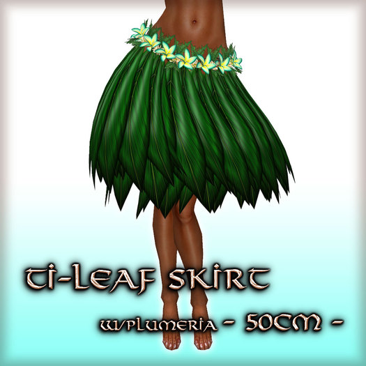 * Charmed * Hula Ti-Leaf Skirt w/Plumeria (50cm) Turquoise