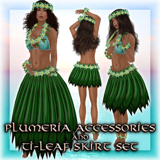 * Charmed * Hula Plumeria Accessories(Lei) & Ti-Leaf Skirt(w/Plumeria) Set - Turquoise