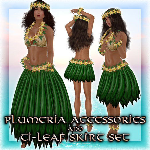 * Charmed * Hula Plumeria Accessories(Lei) & Ti-Leaf Skirt(w/Plumeria) Set - Topaz