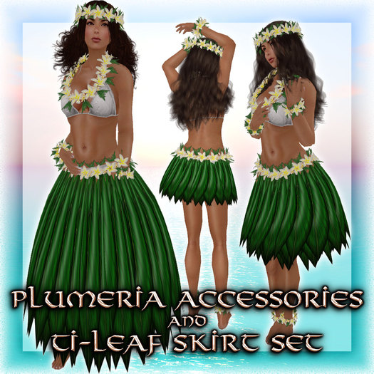 * Charmed * Hula Plumeria Accessories(Lei) & Ti-Leaf Skirt(w/Plumeria) Set - Pearl