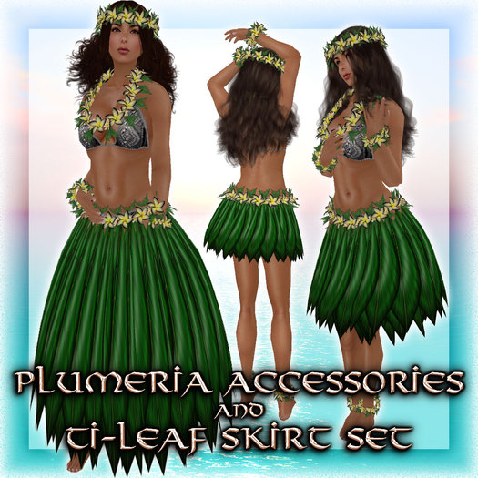 * Charmed * Hula Plumeria Accessories(Lei) & Ti-Leaf Skirt(w/Plumeria) Set - Onyx